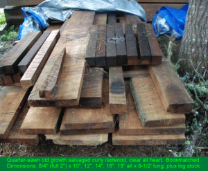 Quarter-sawn old-growth salvaged curly redwood